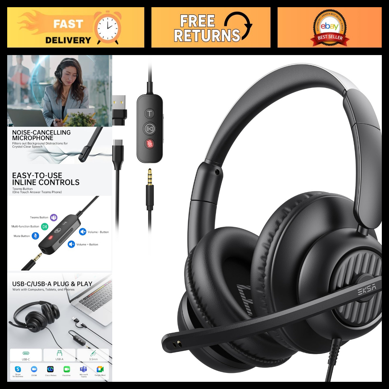 USB Headset with Microphone - Stereo Wired Noise Cancelling Over-Ear Headphones