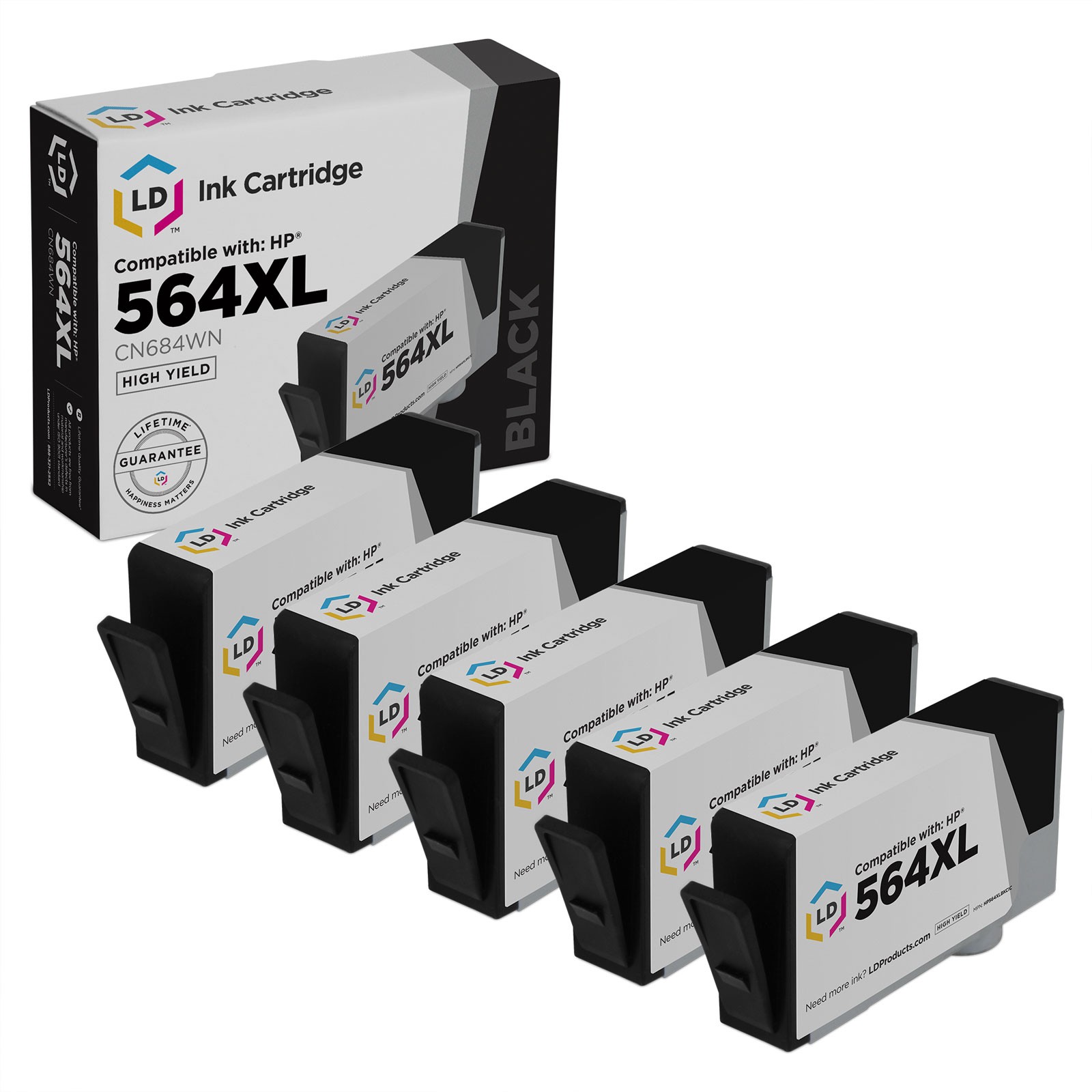 LD Reman 564XL CB684WN HY Black Ink Cartidge Set of 5 for HP 7510 B109 7520 7525