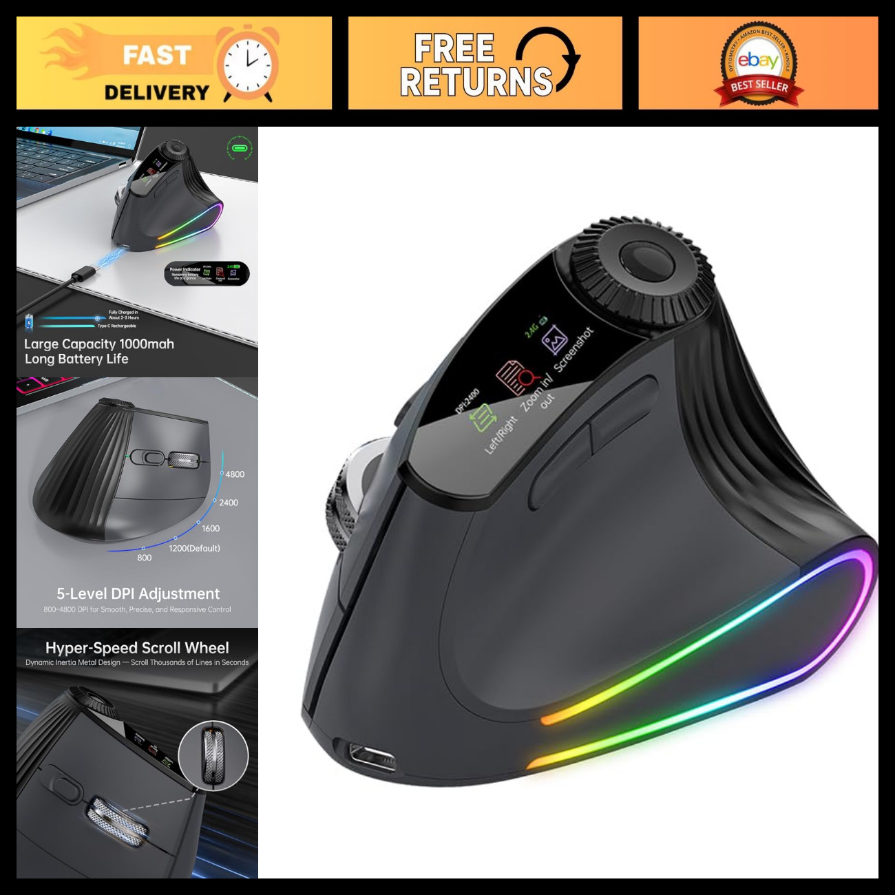 Wireless Ergonomic Vertical Mouse, Rechargeable Bluetooth, 4800 DPI, RGB, 6 Butt