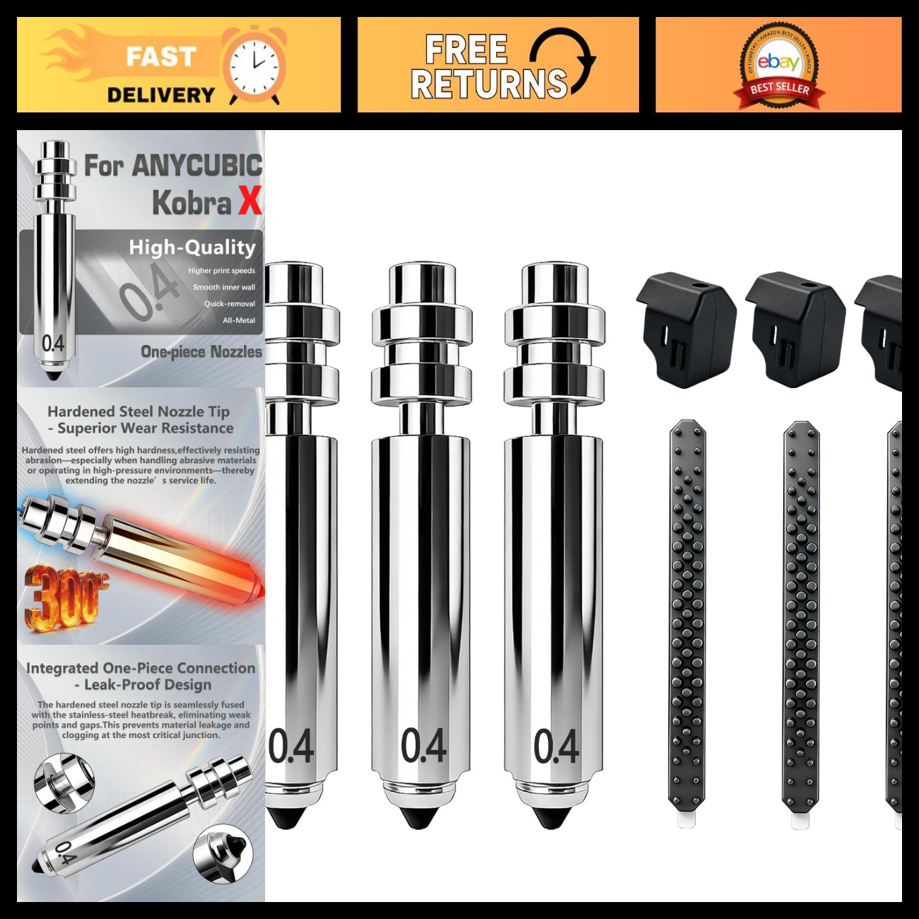 3 Pack 0.4mm Hotend Nozzles, Hardened Steel Quick-Swap, High Temp, 3 Silicone So