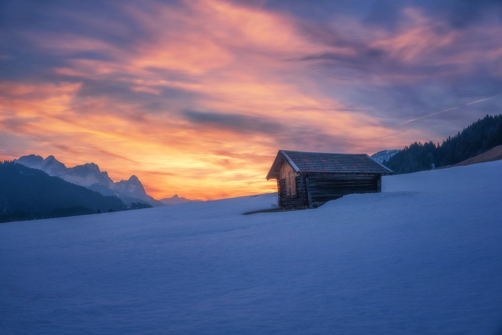 Landscape nature winter snow trees cabin sunset clouds Custom Gaming Mat Desk
