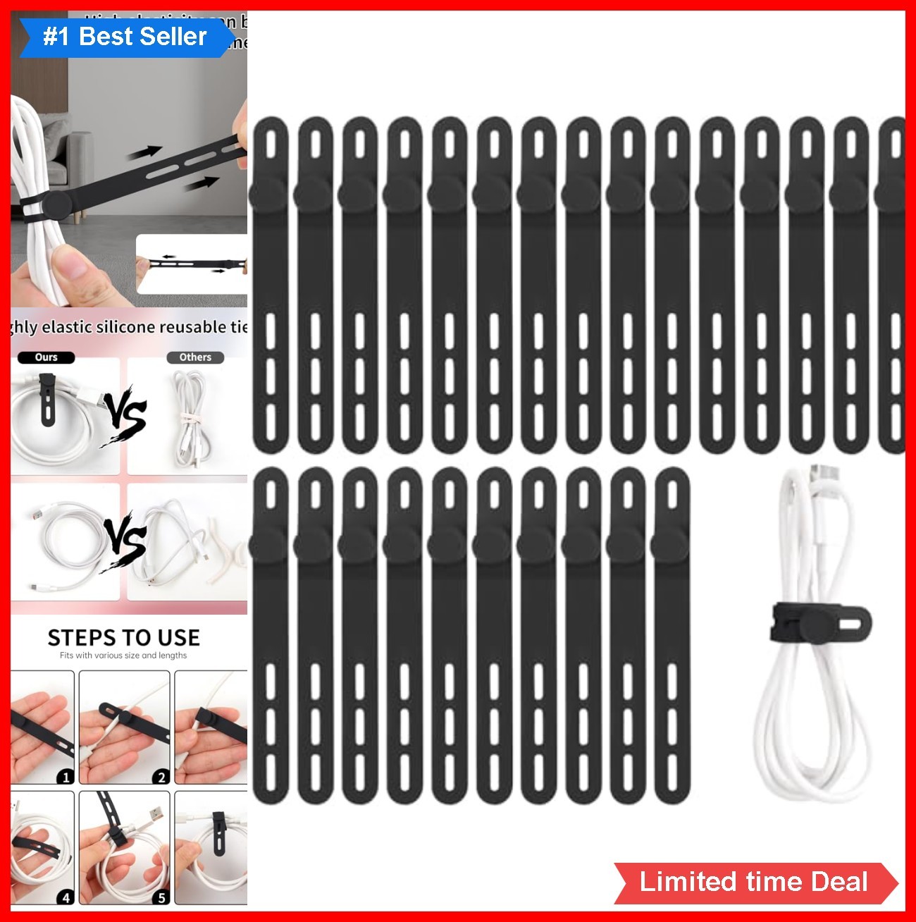 Silicone Cable Ties Reusable 25 Pack 4.7 Inch Black Cord Organizer Wraps for