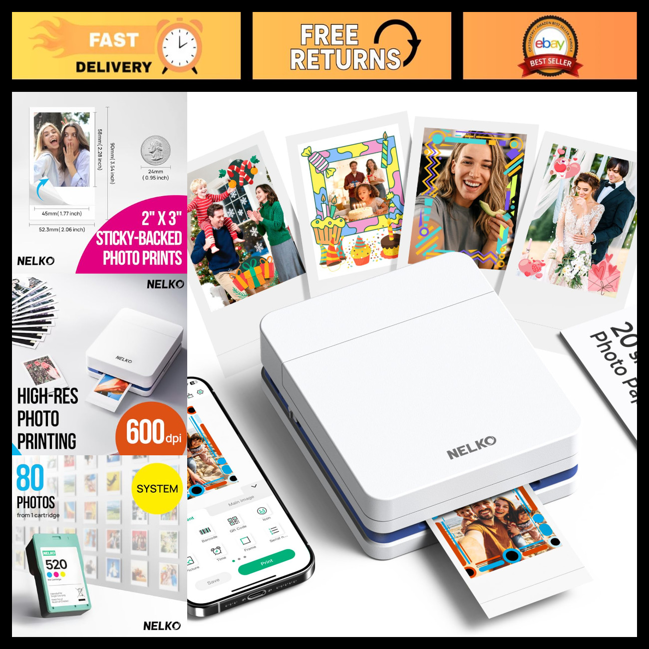 Portable 2x3 Mini Photo Printer - Compact, Wireless, Instant Print, White