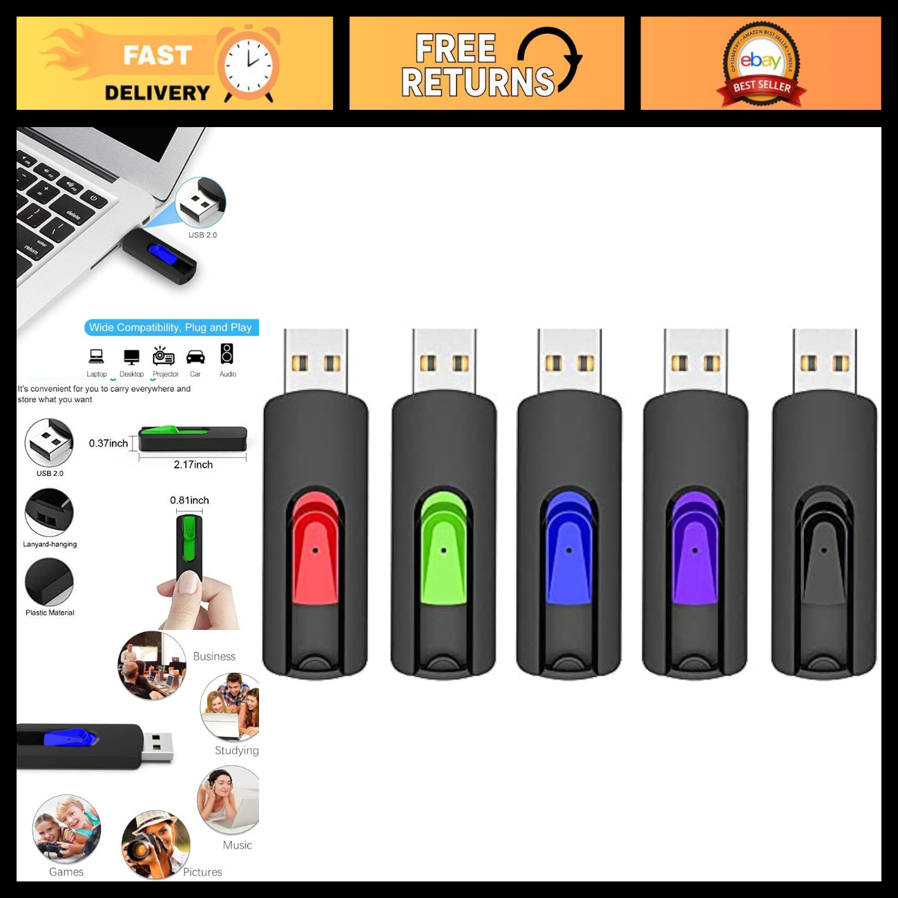 64GB USB Flash Drive 5 Pack - USB 2.0 Memory Stick Thumb Drives for PC & Laptop