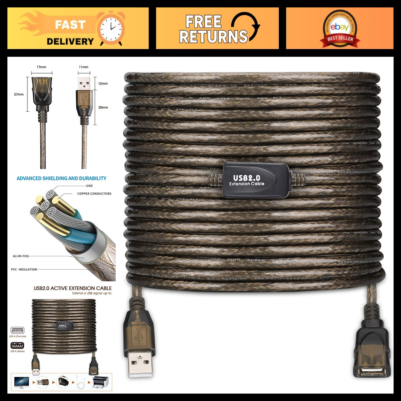 50ft USB 2.0 Active Repeater Extension Cable, Type A Male to Female, High Speed