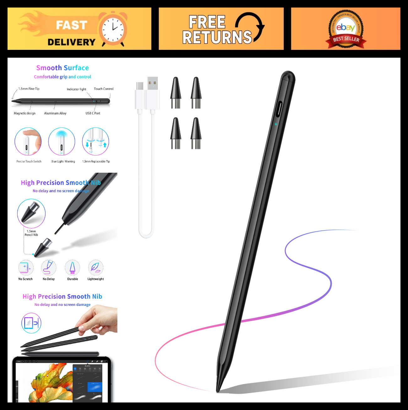 Stylus Pen for Touchscreen Devices, High Sensitivity Rechargeable Pencil for Dra