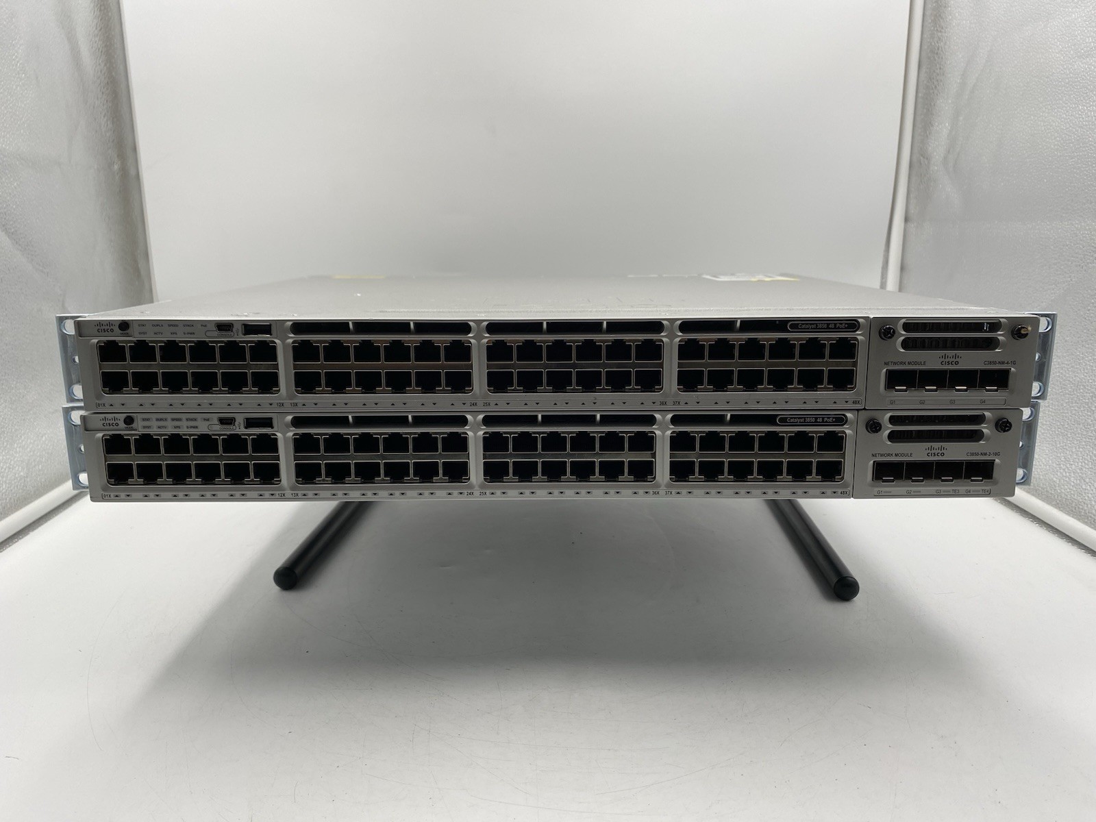 Lot of 2 Cisco WS-C3850-48P-L 48-port w/ C3850-NM-4-1F, C3850-NM-2-10G Modules