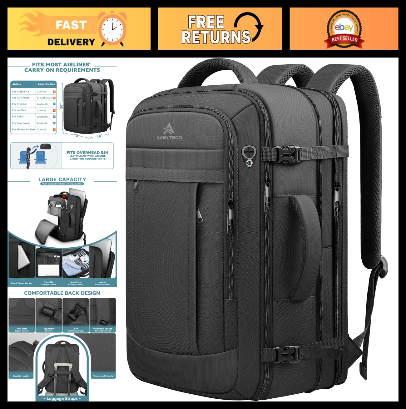 Expandable 50L Travel Backpack - Water Resistant Laptop Bag for 17" Laptops, Bus
