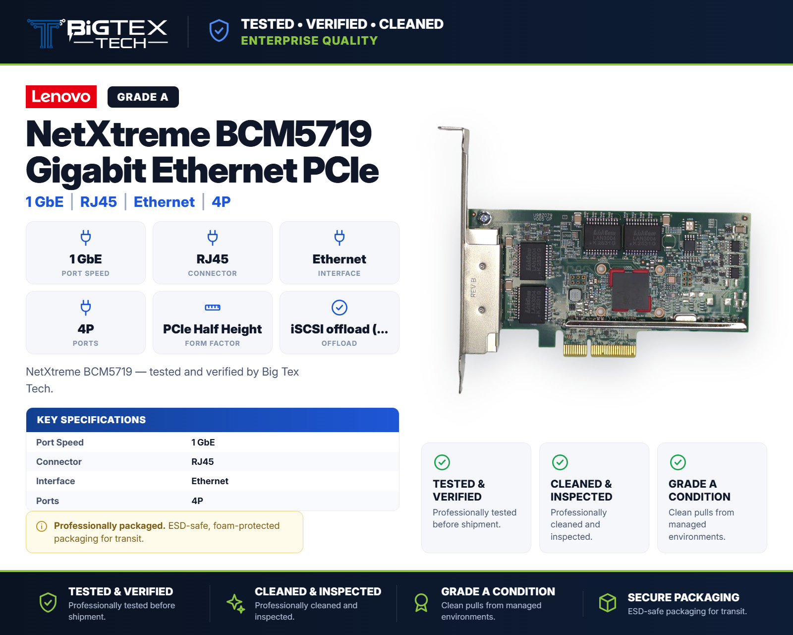 Lenovo NetXtreme BCM5719 Quad-Port 1GbE RJ45 PCIe Ethernet Adapter