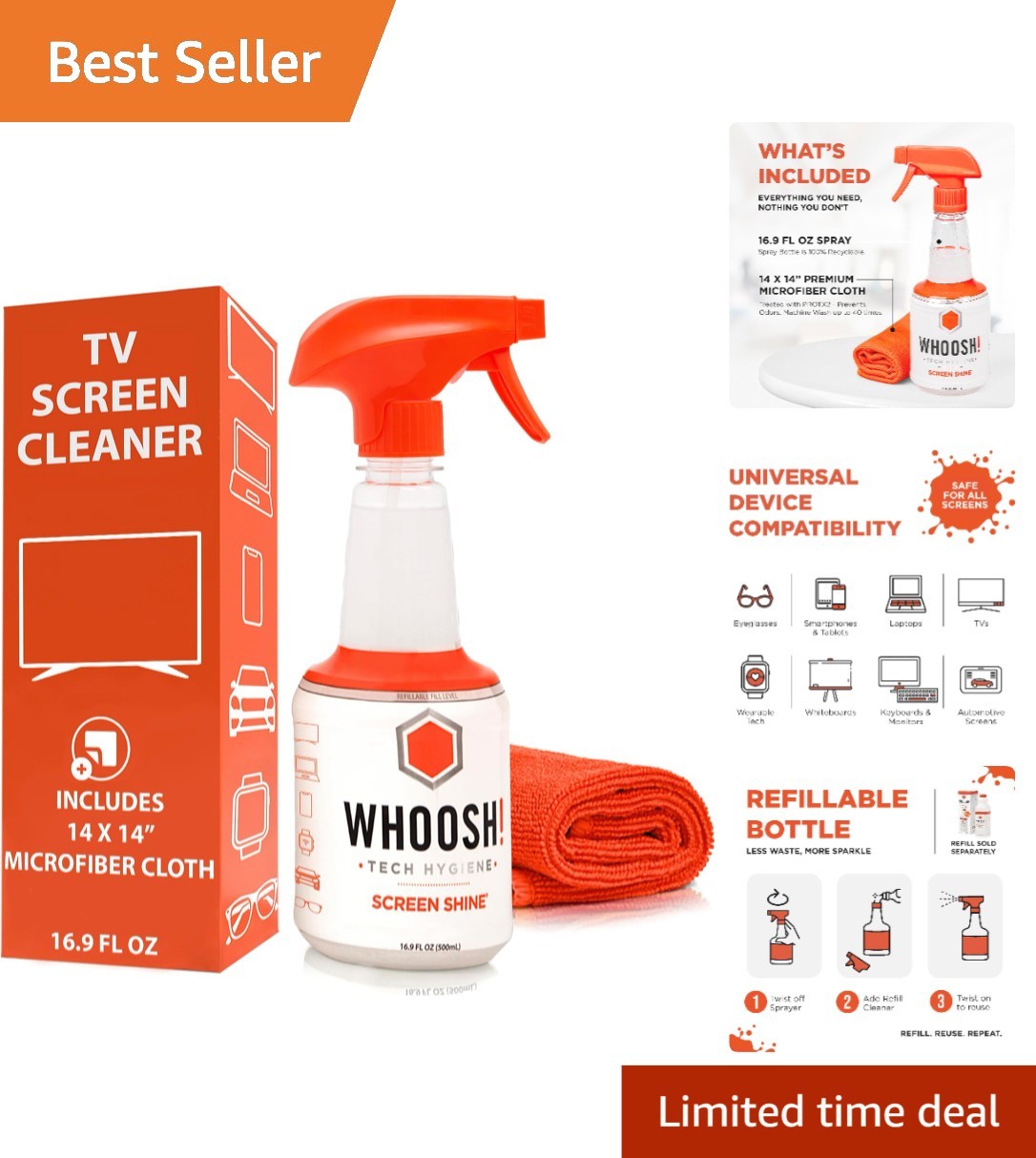Screen Shine Pro 16.9 fl oz: Refillable Non-Toxic Cleaner & Microfiber Cloth