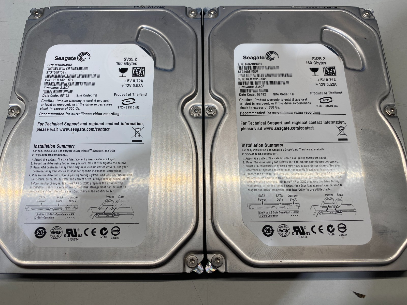 LOT OF 2 ST3160815SV Seagate 160gb PN 9EM132-501 3.5" SATA Hard Drive