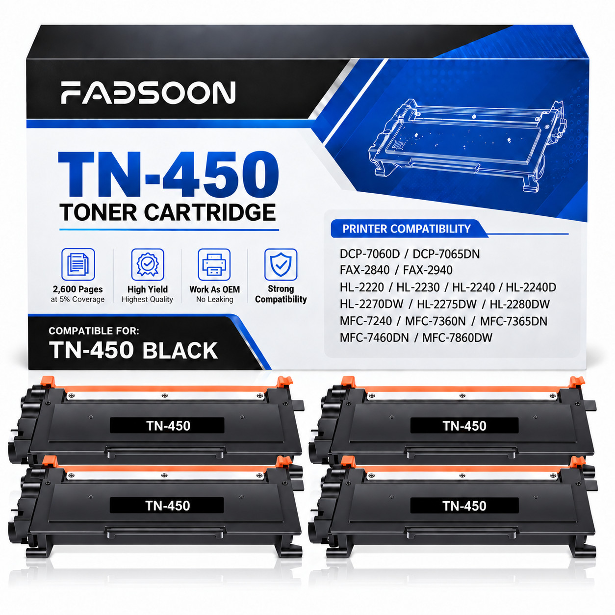 TN450 4PK BK High Yield Compatible Toner for HL-2240 HL-2240D HL-2220 HL-2230