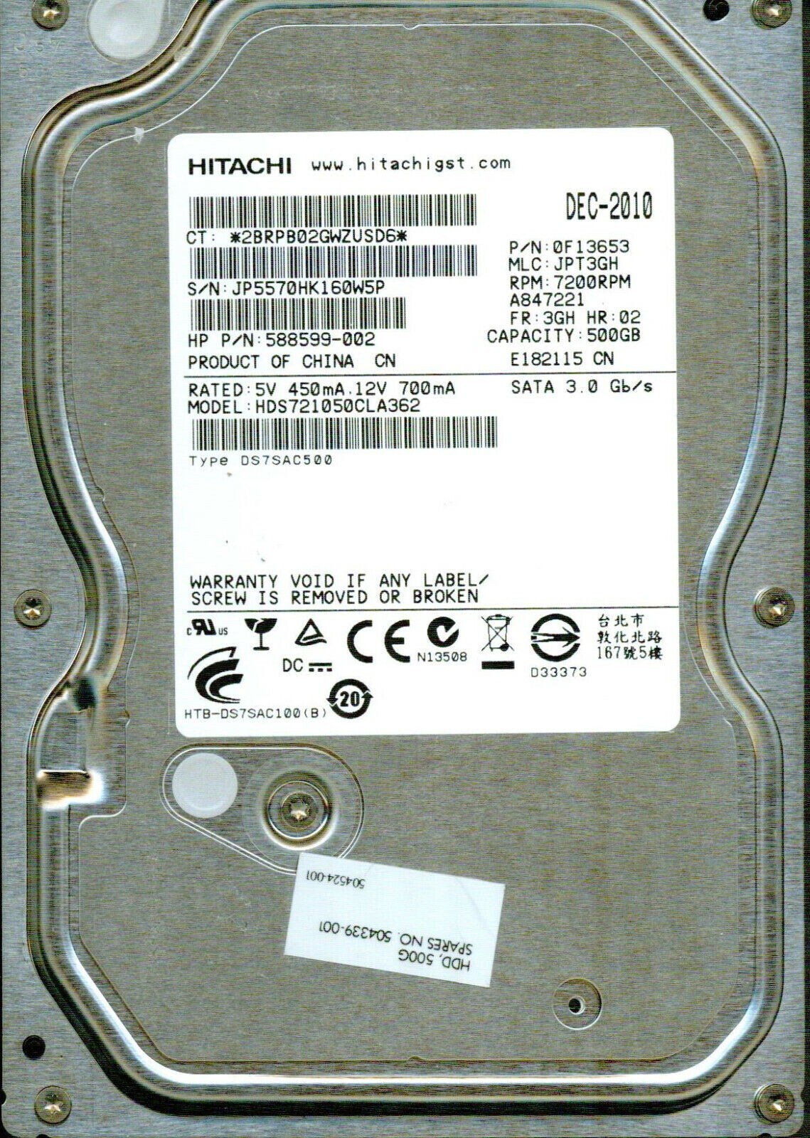 Hitachi Desktop HDD 500GB HDS721050CLA362 P/N: 0F13653 3.5" SATA 7200RPM