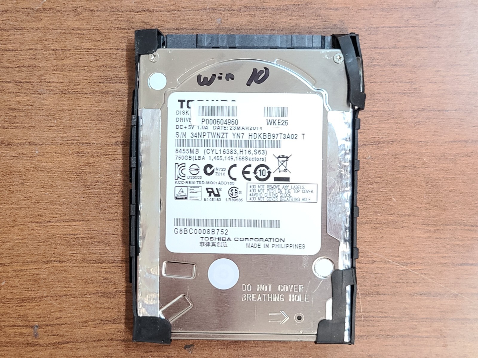 TOSHIBA 750GB 5400RPM HDD HARD DISK DRIVE W/ WINDOWS 10 MQ01ABD075 HDKBB97T3A02
