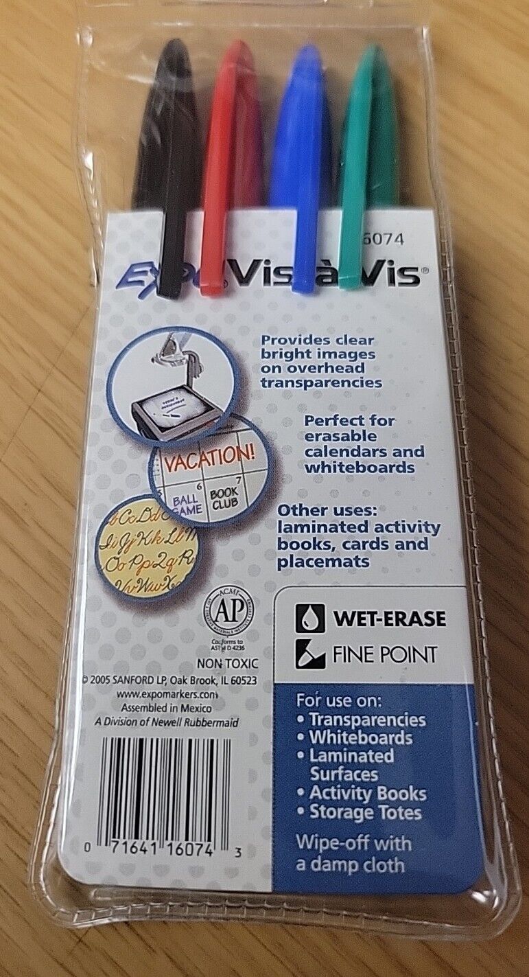 Sanford Expo Vis-a-Vis Wet Erase Markers, SAN16074 Fine Bullet Tip, 4-Count New
