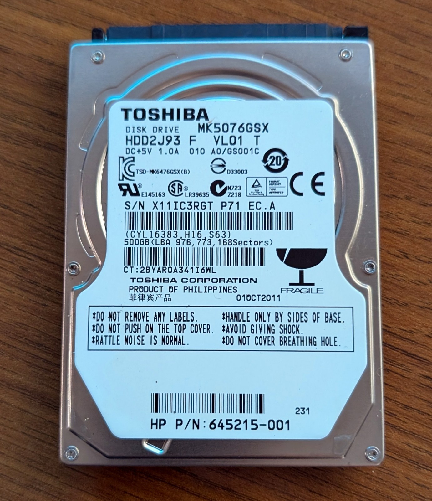 Toshiba 500GB MK5076GSX HDD2J93  SATA 2.5 Hard Drive 645215-001