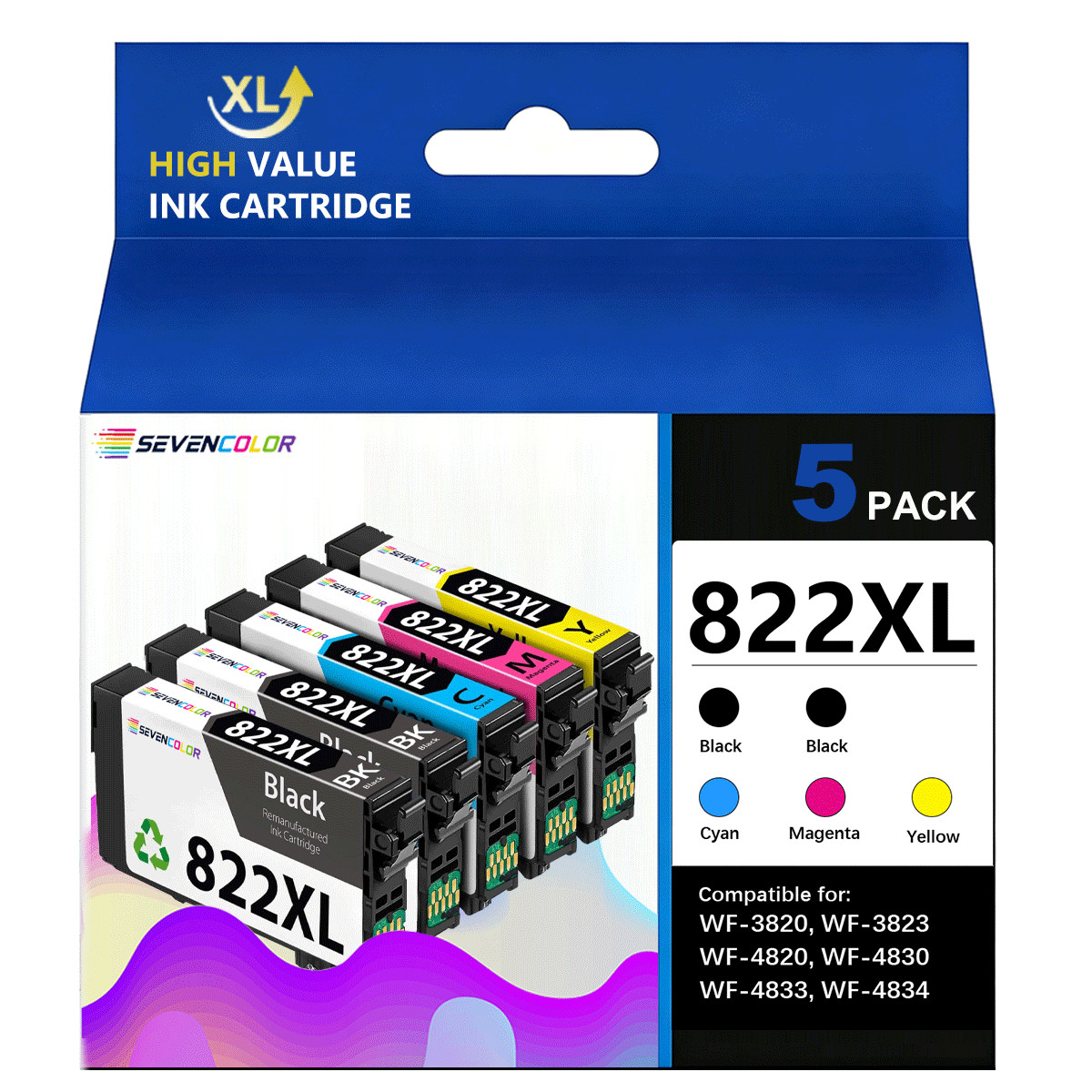 822XL High Capacity Ink 5 Combo Pack Compatible for Espon Workforce Pro Printers