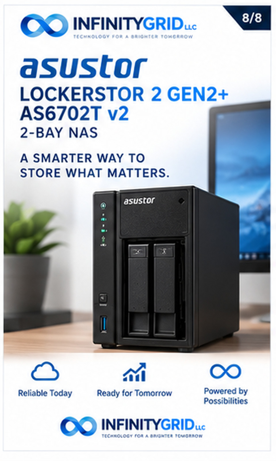 ASUSTOR Lockerstor 2 Gen2+ AS6702T v2 2-Bay NAS 5GbE 4GB DDR4 NVMe