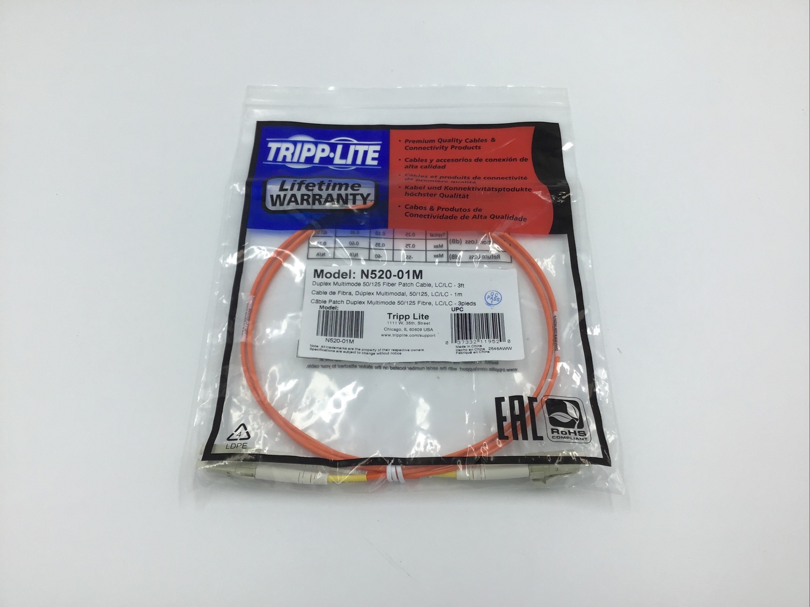 Genuine Tripp Lite N520-01M Duplex Multimode Fiber Patch Cable, LC/LC - 3ft