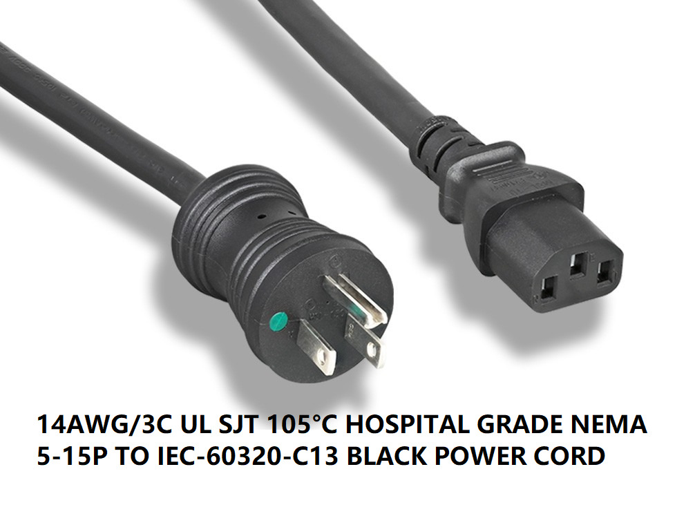 PTC 6ft 14AWG 15Amp Hospital Grade Green Dot 5-15P to C13 SJT Black Power Cord