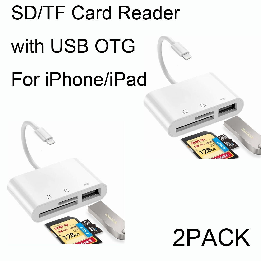 2PACK SD TF Card Reader for iPhone, Memory card reader with Usb Camera Adapter