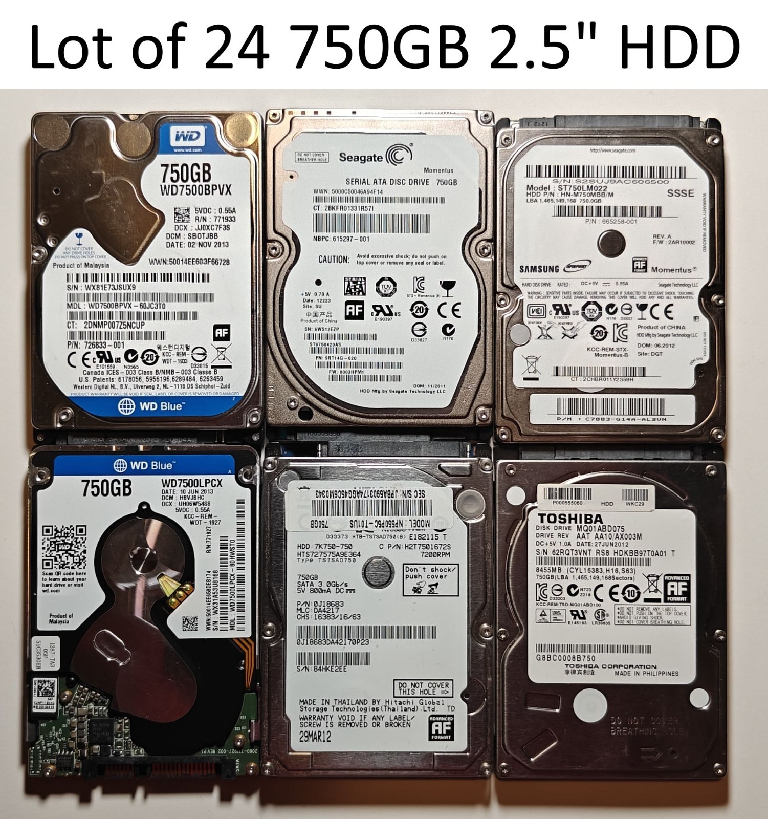 (Lot of 24) SATA HDD Hard Drive 750GB 2.5" Seagate HGST Toshiba WD and more