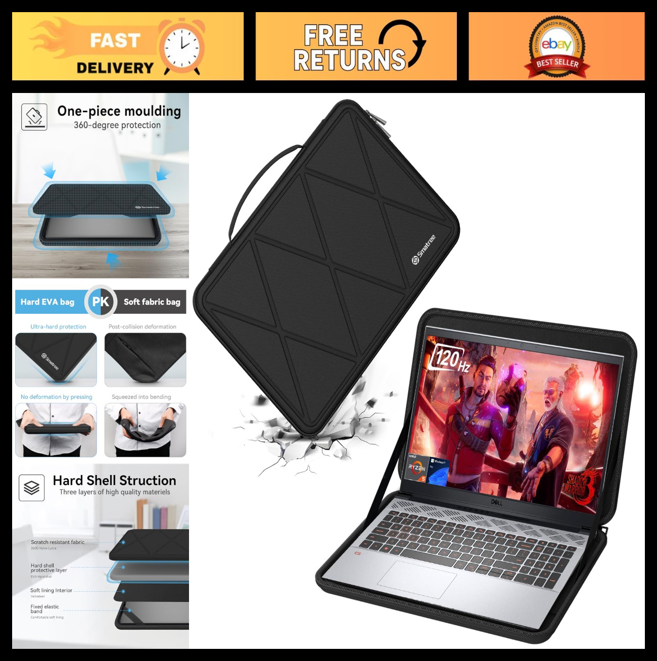 Hard EVA Protective Case for 15.6" Laptop, Shockproof Sleeve, Travel Bag
