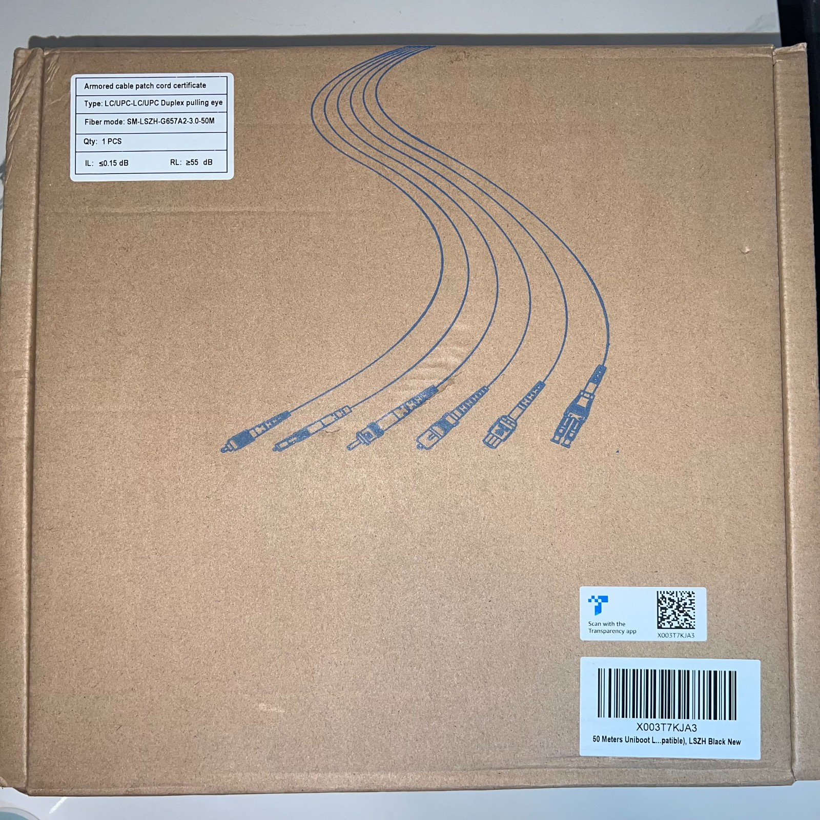 50m Uniboot LC‑LC Armored Fiber Patch Cable Outdoor Single Mode Duplex OS2 LSZH