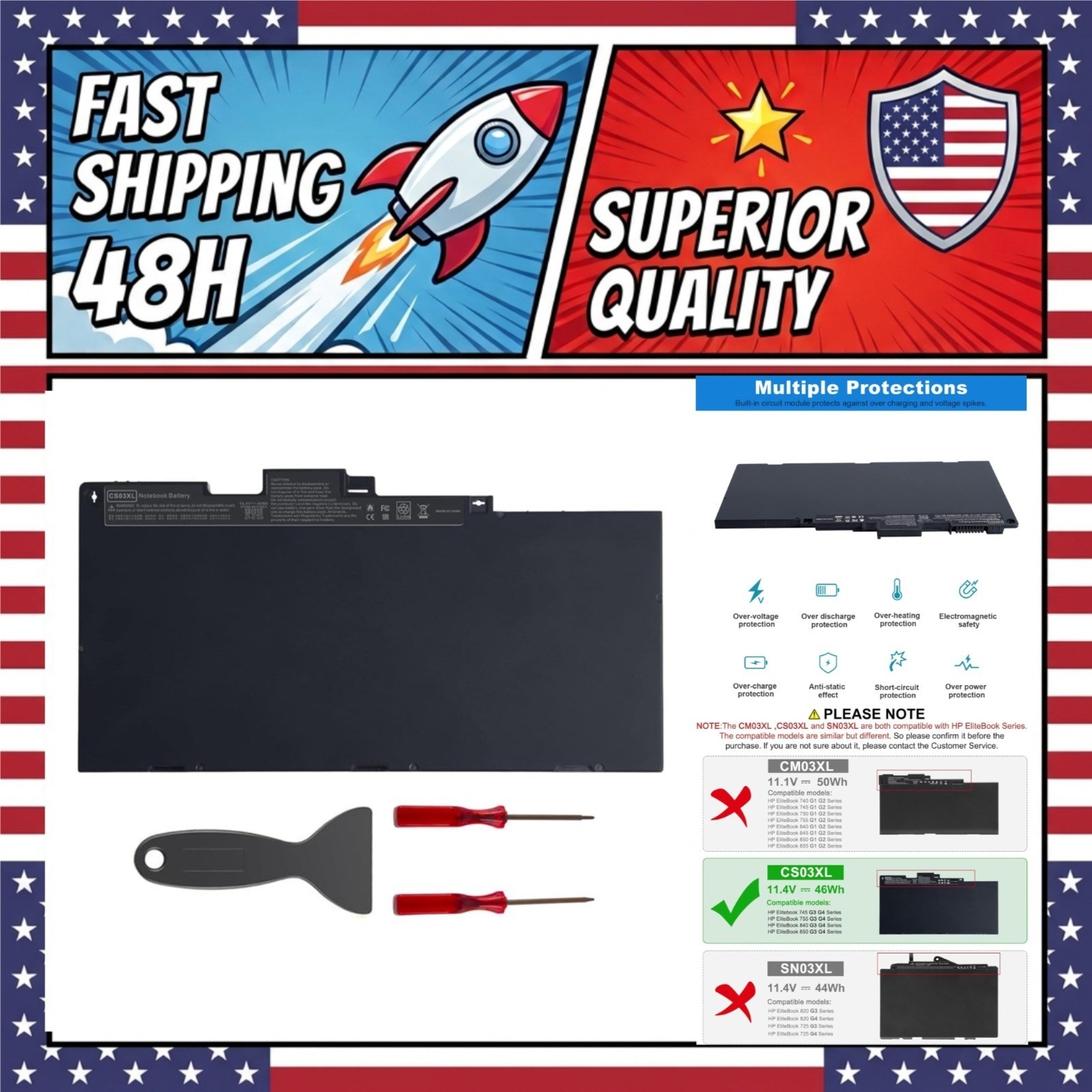 CS03XL Laptop Battery for HP EliteBook 745 755 840 850 G3 G4 46Wh 11.4V