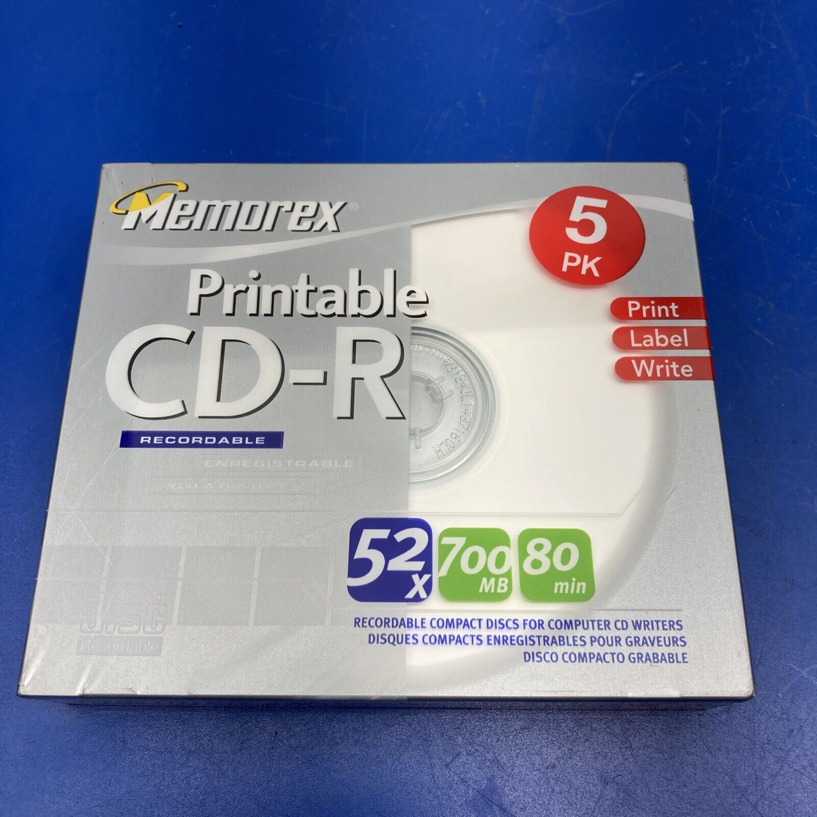 New Memorex Printable Recordable Blank CD-R, 5 Pack 52x 700MB 80 min CDs