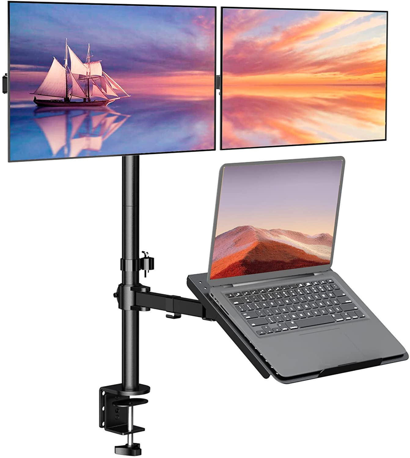 WALI Triple Arm Laptop and Dual Monitor Desk Mount for 17" Notebook