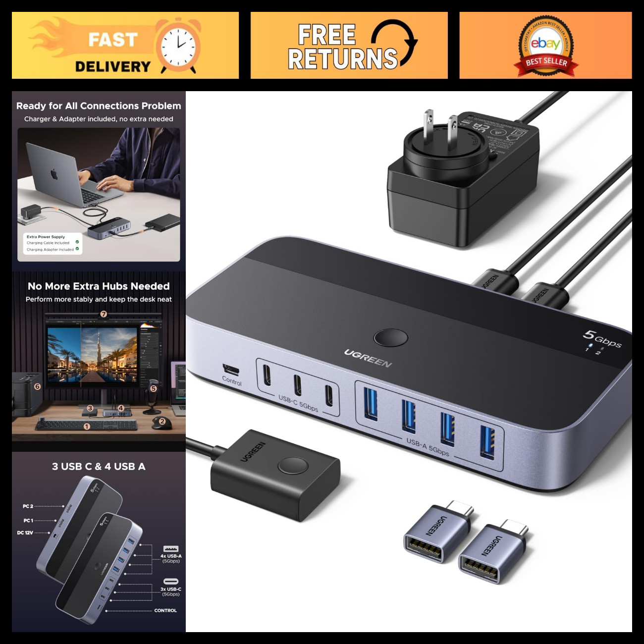 2-in-7 USB 3.0 Switch Hub for 2 PCs, Share USB A & C Devices, Keyboard & Mouse