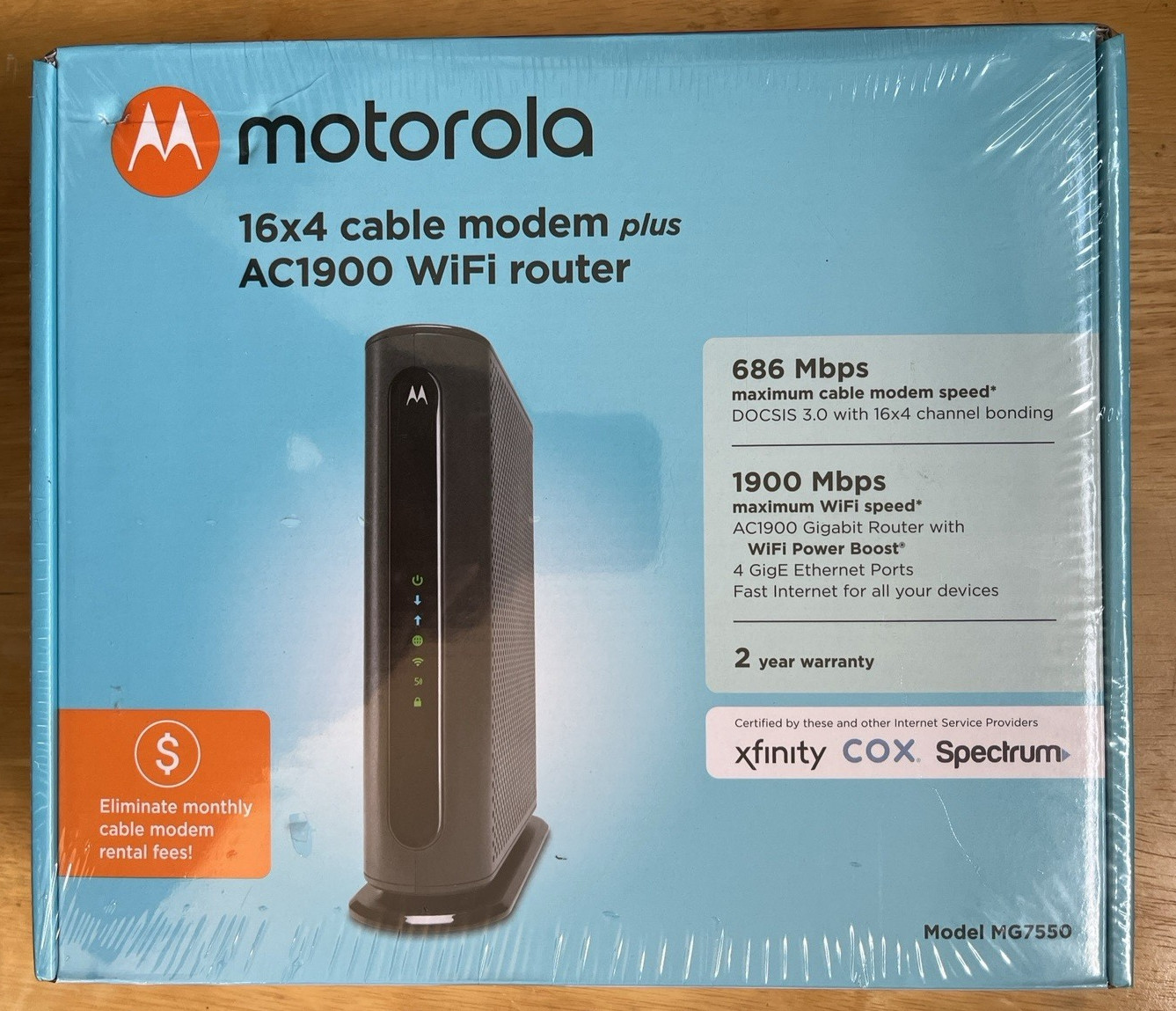 Motorola MG7550 16x4 Cable Modem Plus AC1900 Dual Band WiFi Gigabit Router NEW