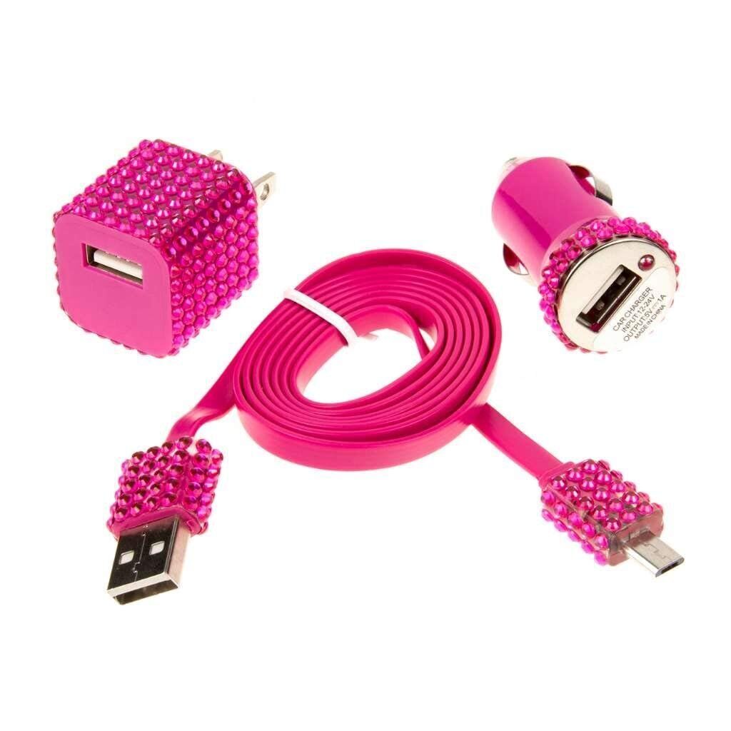 MPERO Micro USB 3-in-1 Hot Pink with Rhinestones, Car, Wall Adapter w/ USB Cable