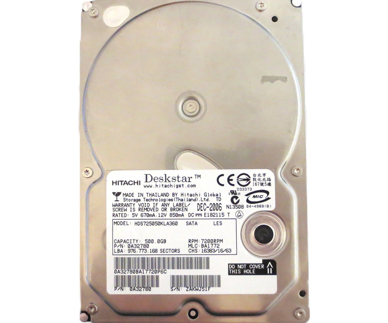 HDS725050KLA360 0A32780 BA1772 (ZAW) Thailand 500gb 3.5" Sata hard drive 12/2006