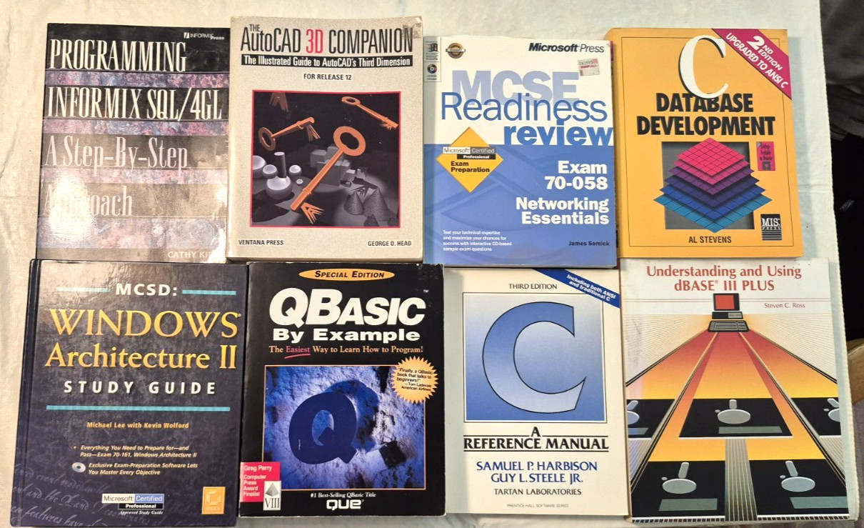 Lot of 8 Computer Books Microsoft exam networking, C Database D base Q base