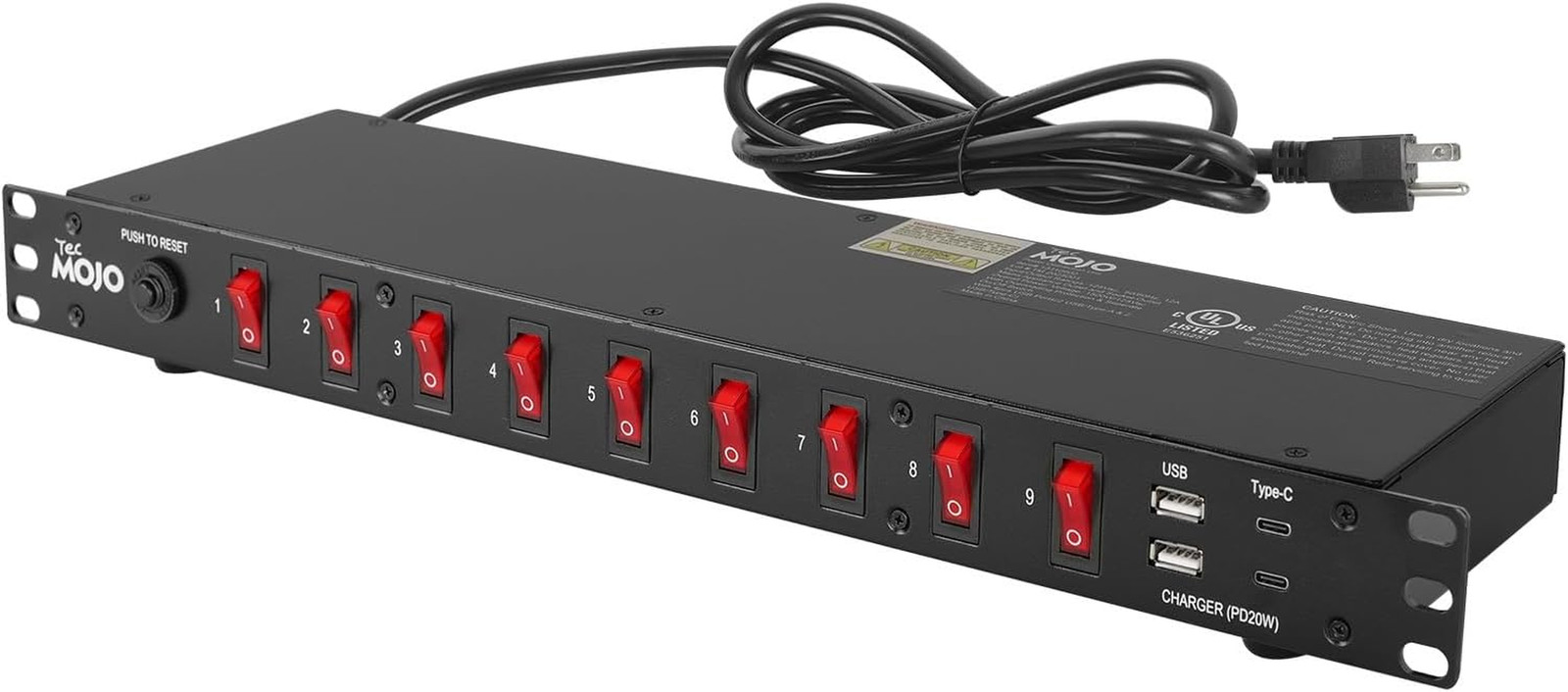 9-Outlet Rack Mount PDU,1U Horizontal PDU Individual Switch 6Ft Cord, with 2USB