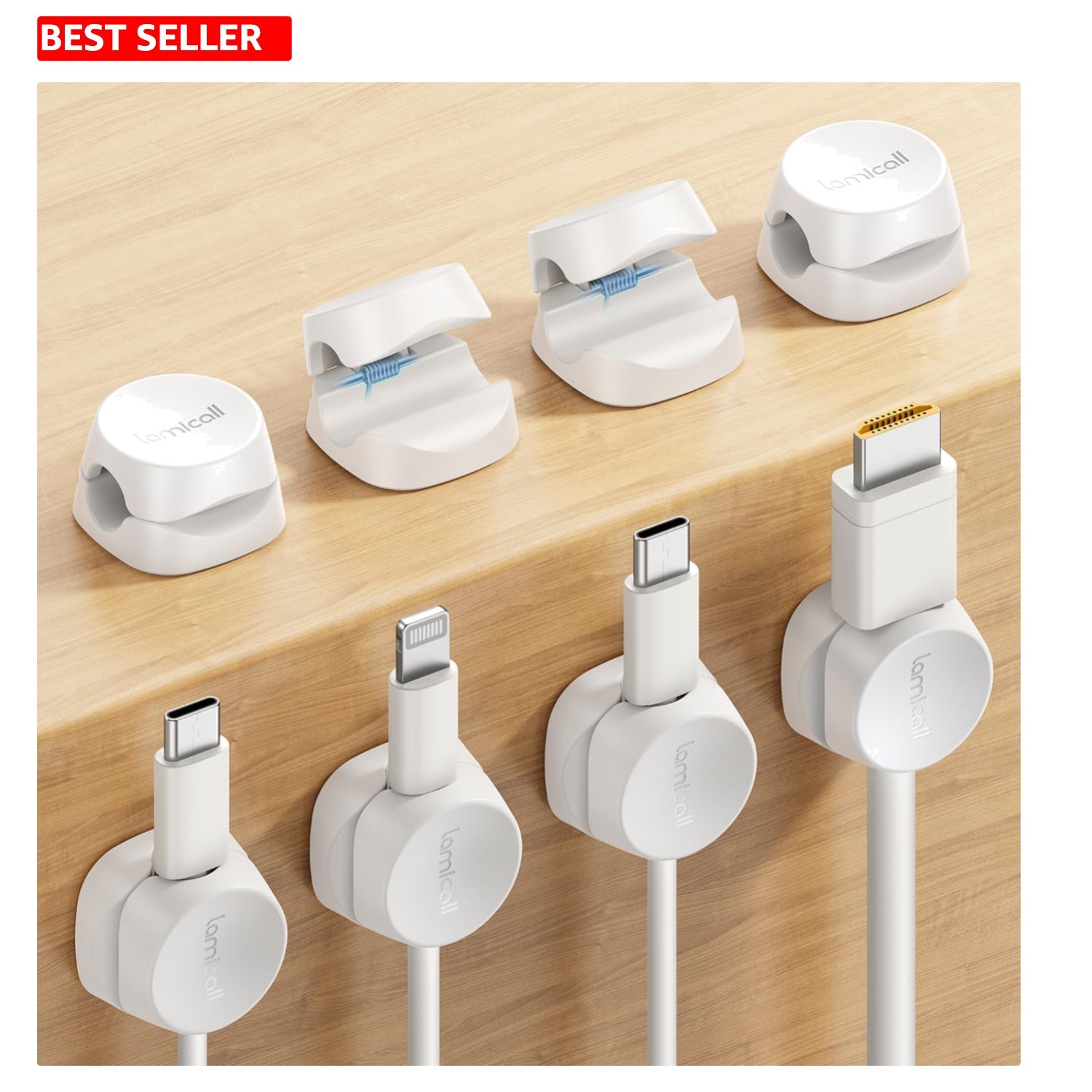Minimalist Snow White Cord Management Clips - 8 Pack with One-Hand Operation
