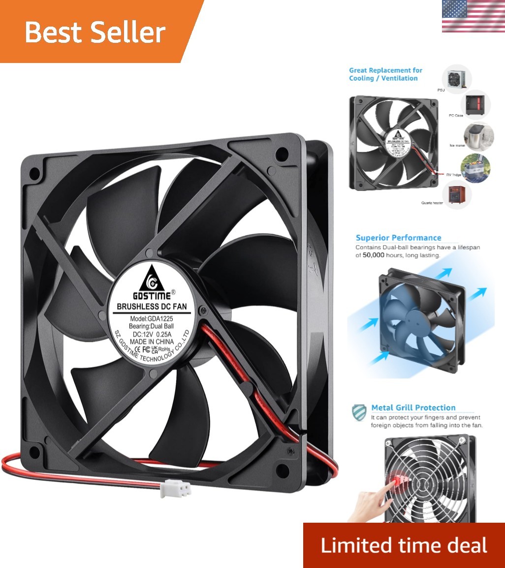 Compact 4.72" 12V Cooling Fan - Dual Ball Bearings for Long-Lasting Efficiency