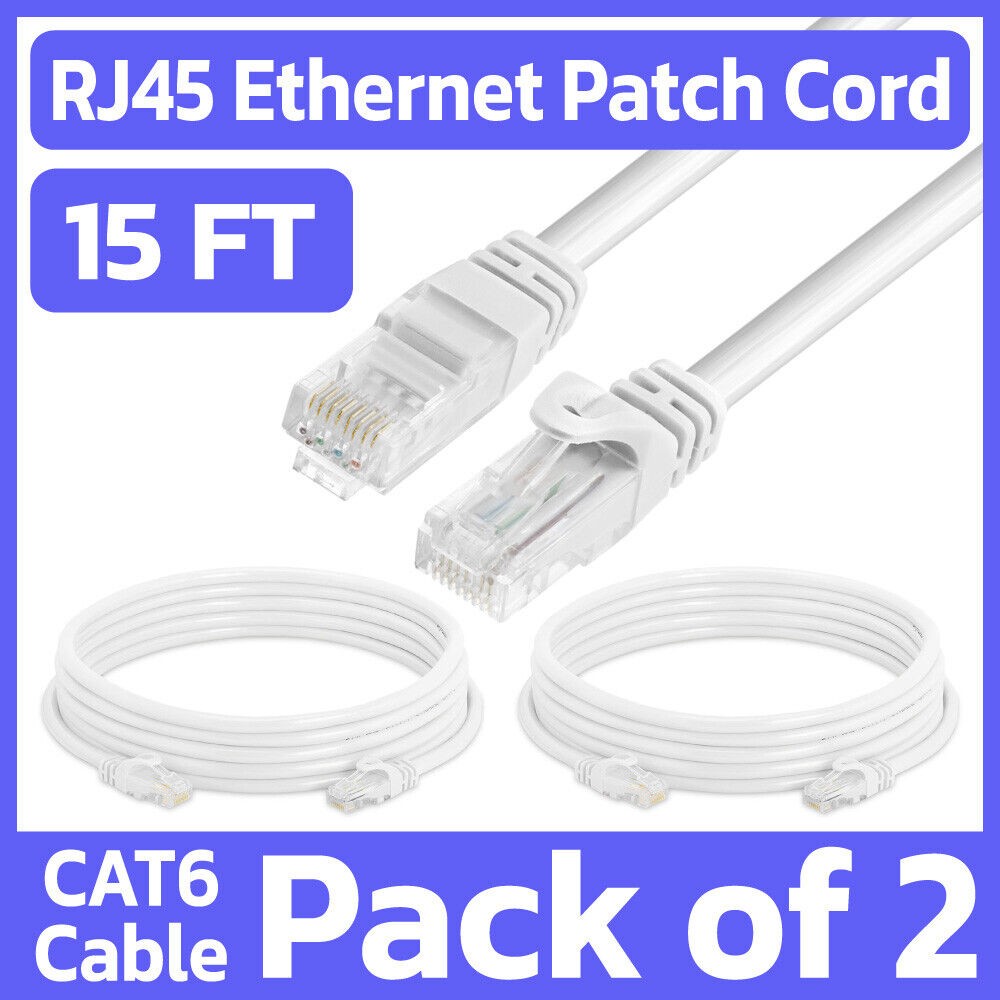 2 Pack 15 Feet Cat6 Patch Cable White LAN Ethernet Cord Network Internet Cable