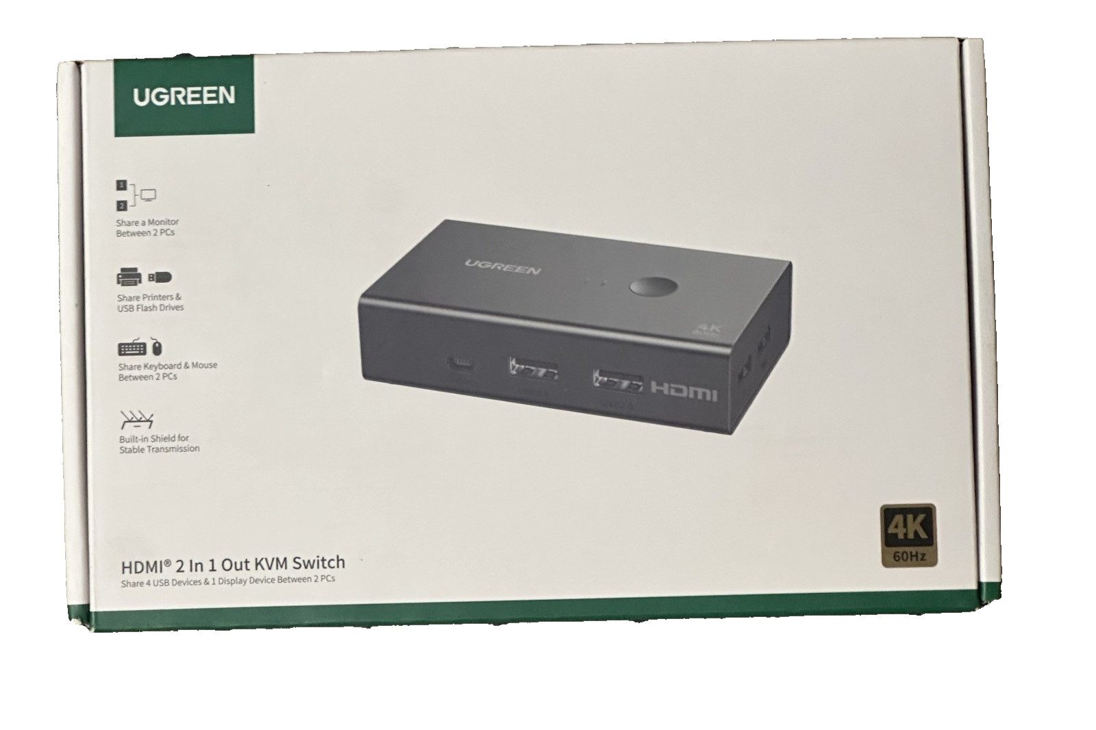 UGREEN 15166 HDMI KVM Switch 2 In 1 Out 4K@60Hz 2 PCs 1 Monitor New Sealed