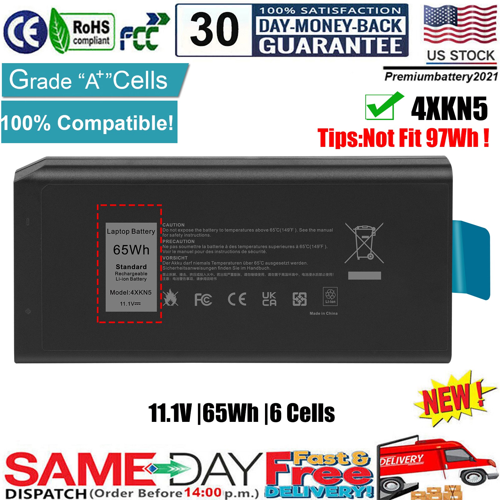✅4XKN5 CJ2K1 Battery for Dell Latitude 5404 7404 7414 5414 Rugged Extreme 65Wh