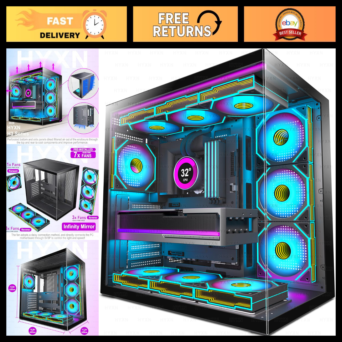 ATX Mid Tower Gaming PC Case with 7 ARGB Fans, Type-C, Tempered Glass, 360mm Sup