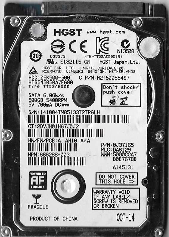 HGST HTS545050A7E680 500GB SATA HARD DRIVE P/N: 0J37165  MLC: DA6129