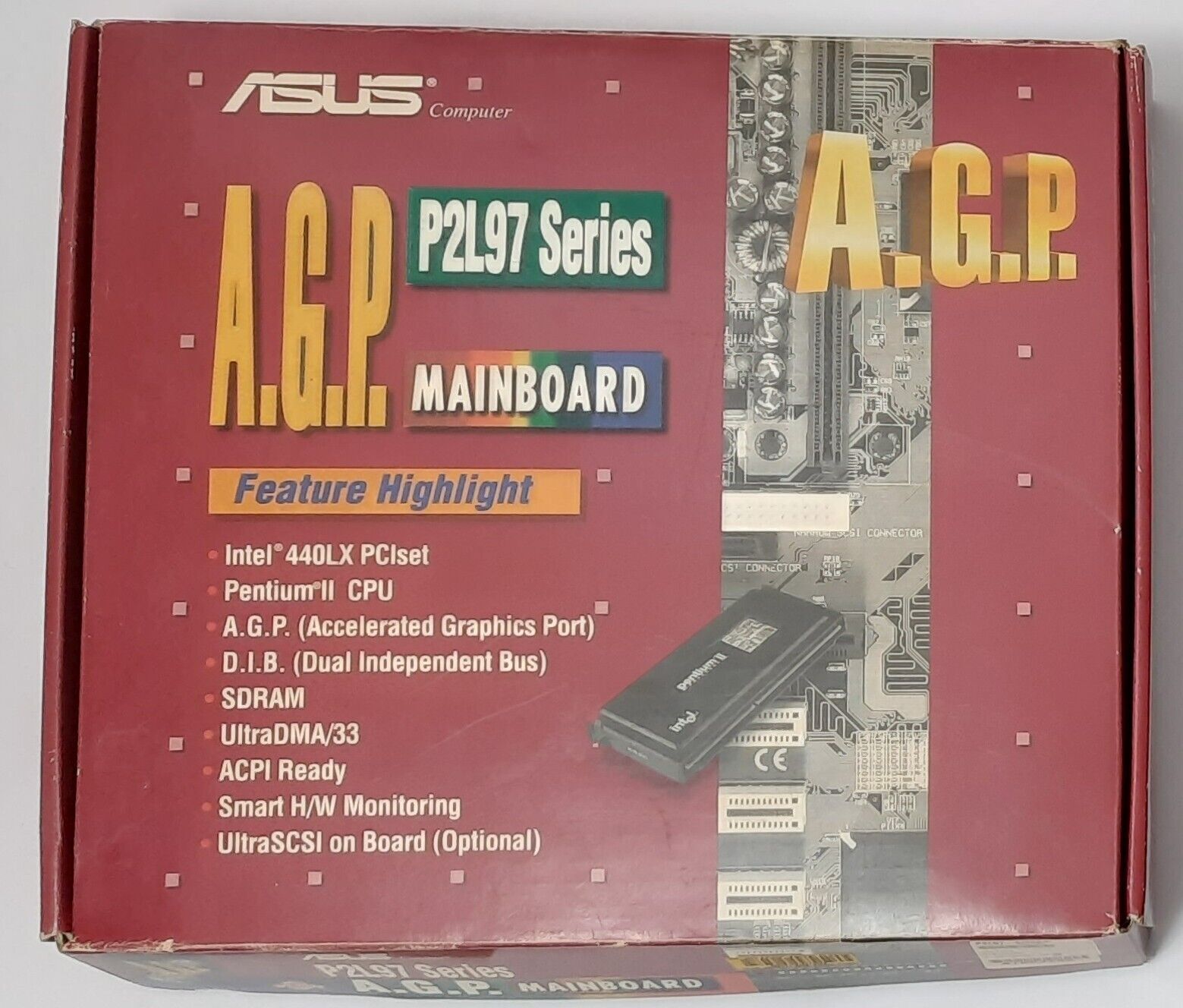 ASUS P2L97-S Slot 1 ISA AGP SCSI Retro Motherboard Original Box + Pentium II 266MHz + 64MB