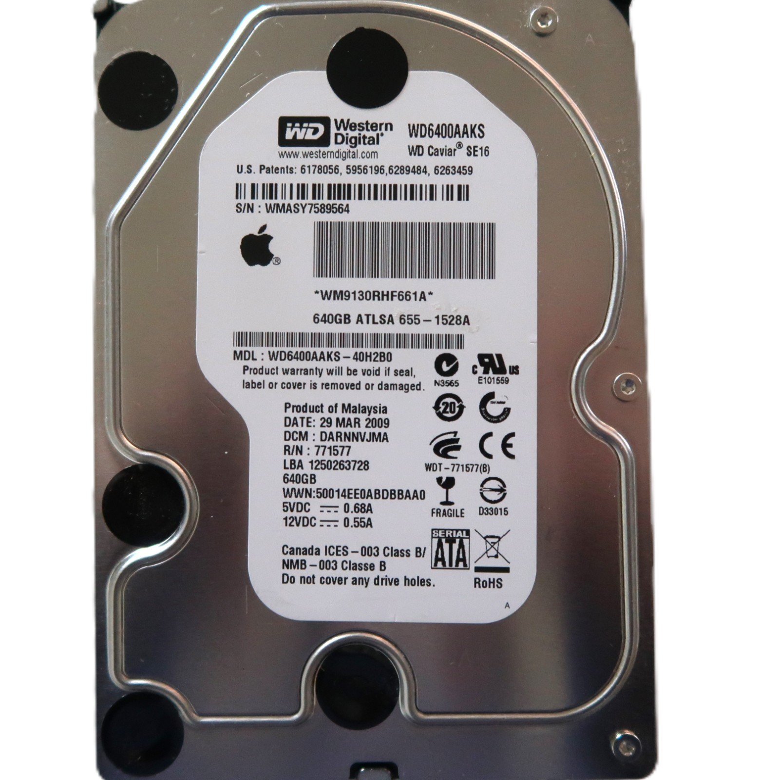 WD WD6400AAKS-40H2B0 DARNNVJMA (WMAS) Malaysia 3.5" 640gb Sata HDD MAR/2009