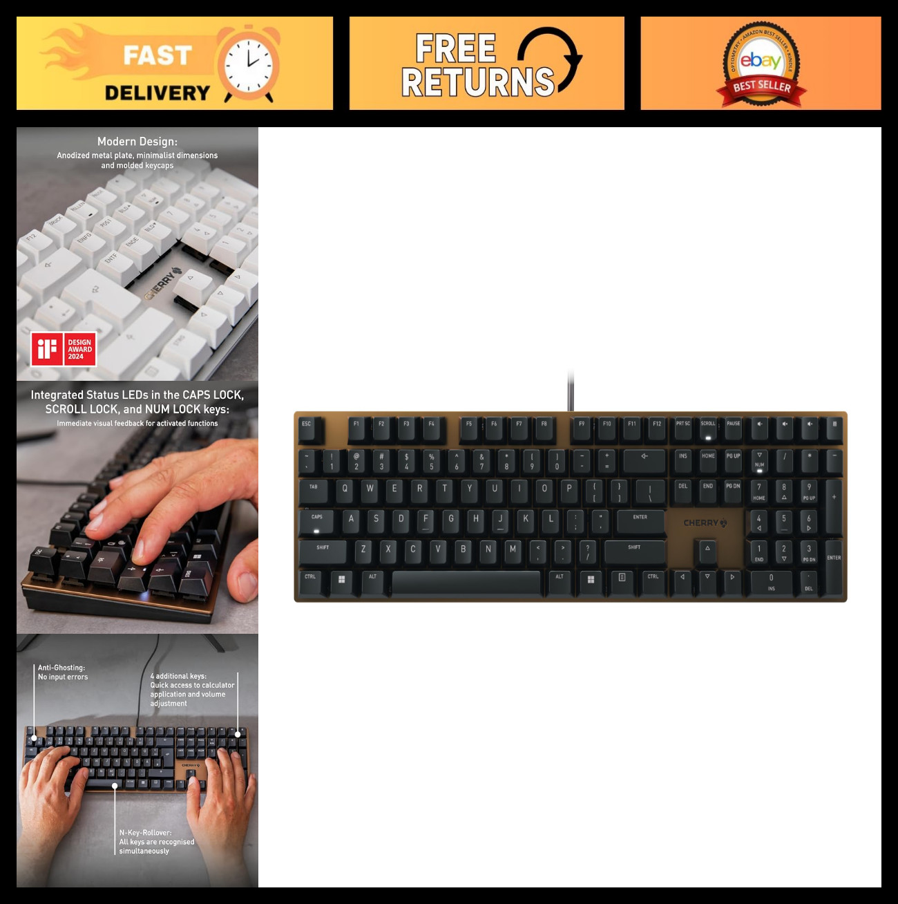 Wired Mechanical Office Keyboard - Cherry MX Brown Switches, Ergonomic Design, D