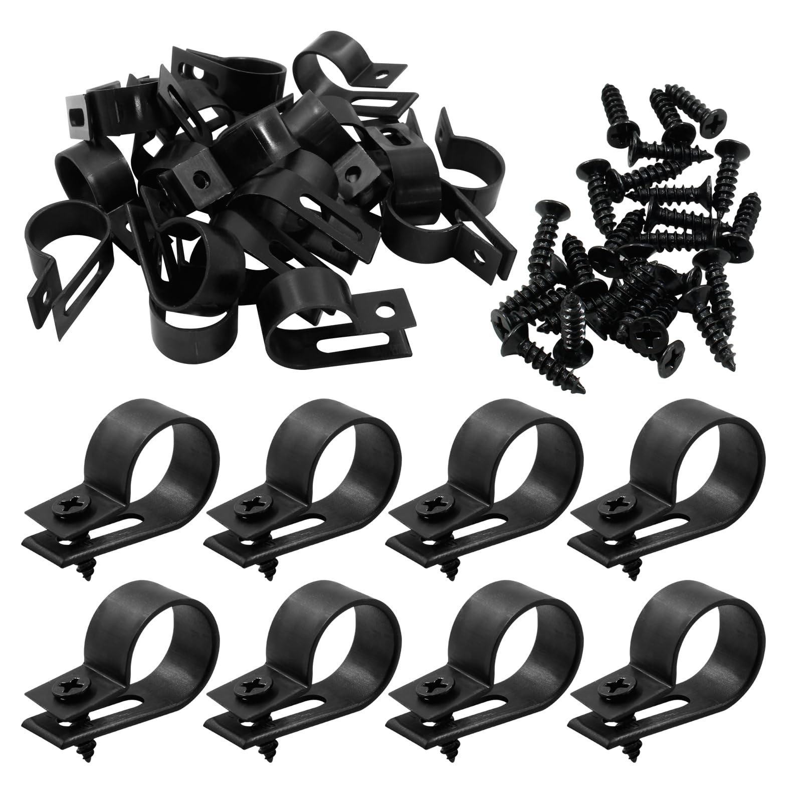 120 PCS RType Cable Clip Wire Clamp 3/4 Inch Black Nylon Screw Mounting