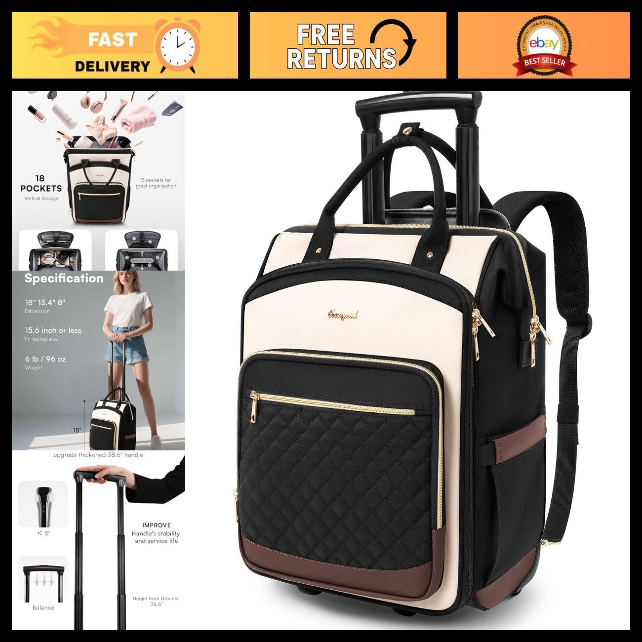 Stylish Rolling Backpack with Wheels, Dual-Opening Laptop Bag, Travel Carry-On f