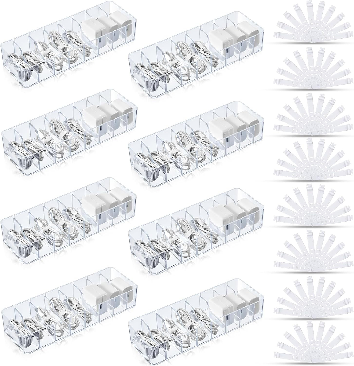 Tatuo 8 Pcs Cable Organizer with 80 Wire Ties, Plastic Cord Storage Charger Box